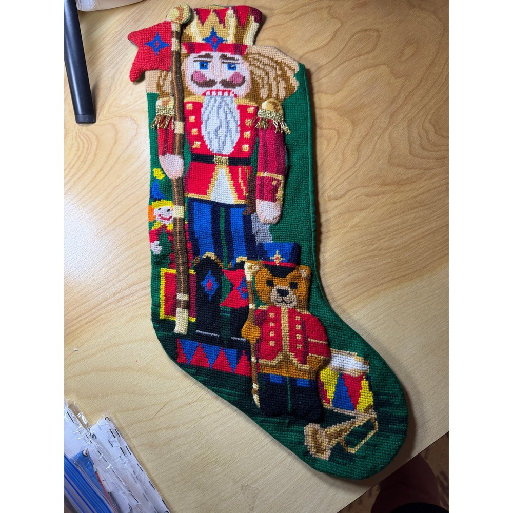 Vintage Needlepoint Christmas Stocking Nutcracker King Teddy Bear Soldier 22"
